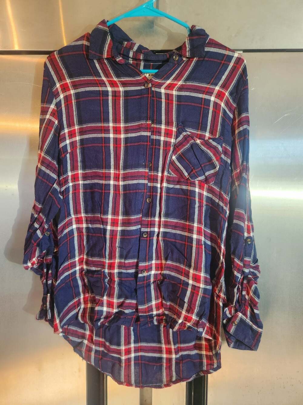 Miami Women's Size M Navy Red Plaid Flannel Button Up Shirt Long Sleeve Rayon